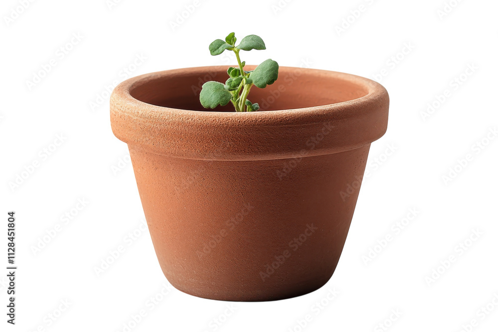 Small green plant growing in a terracotta pot on a plain background Small green plant growing in a terracotta pot on a plain background