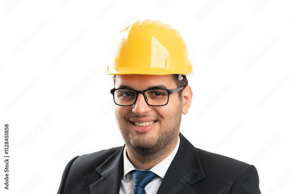 Close-up portrait of architect smiling wearing yellow hardhat Close-up portrait of architect smiling wearing yellow hardhat