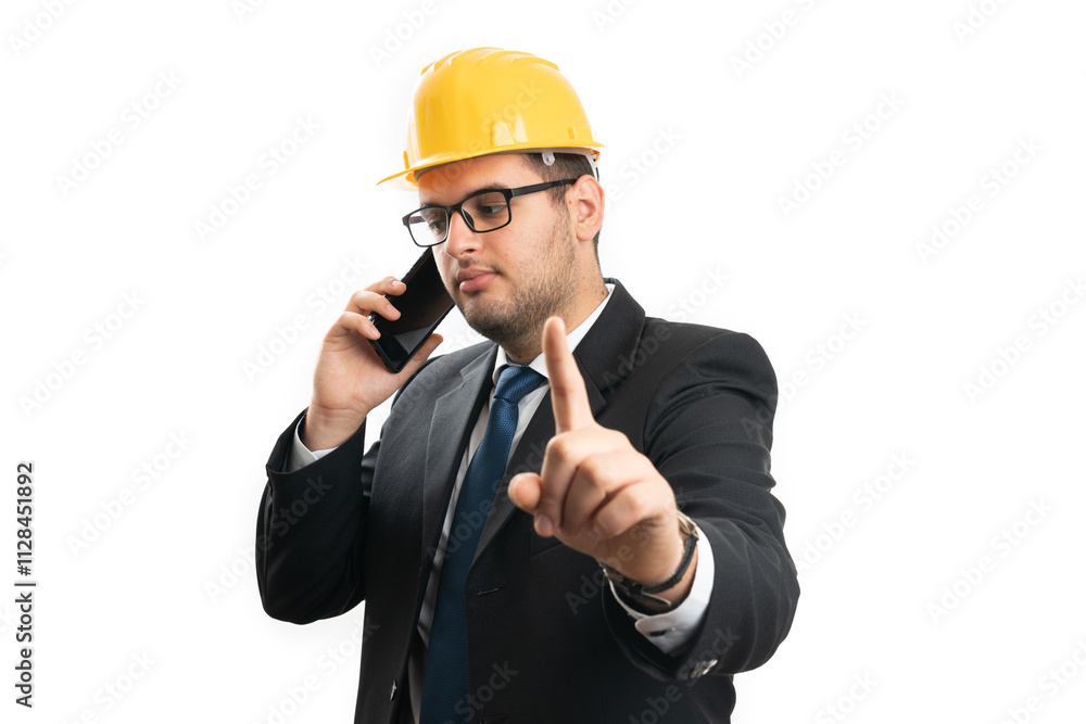 Busy male contractor making wait gesture speaking on phone Busy male contractor making wait gesture speaking on phone
