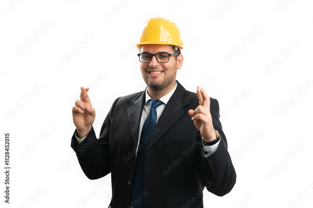 Engineer man smiling showing double fingers crossed gesture Engineer man smiling showing double fingers crossed gesture