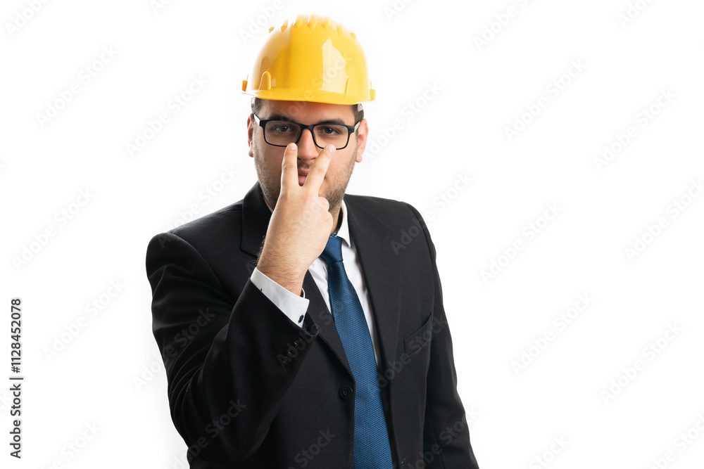 Supervisor man with helmet pointing fingers eye contact gesture Supervisor man with helmet pointing fingers eye contact gesture