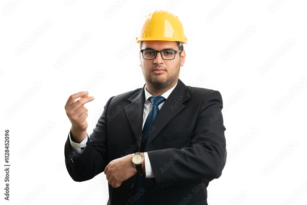 Serious architect with helmet making time means money gesture Serious architect with helmet making time means money gesture