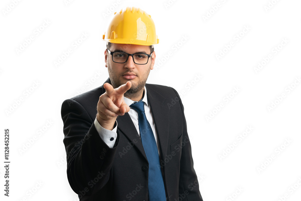 Architect supervisor pointing fingers at camera as eye contact Architect supervisor pointing fingers at camera as eye contact