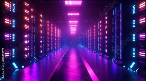 Futuristic Data Center with Rows of Illuminated Servers