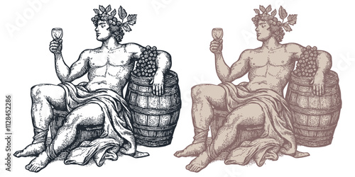 Bacchus with a wine glass and barrel, engraving style, vector illustration.