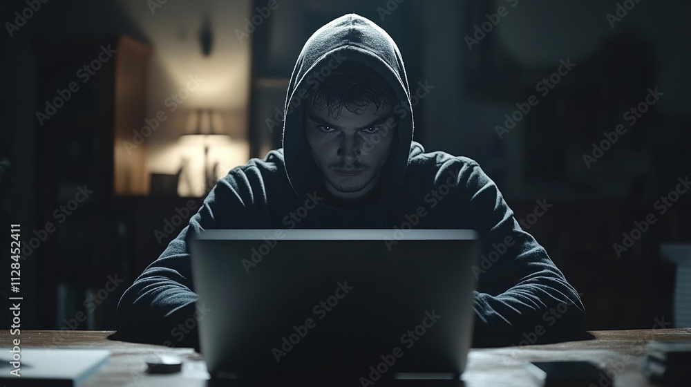 Young person working intently on a laptop in a dimly lit room at night. Generative AI Young person working intently on a laptop in a dimly lit room at night. Generative AI