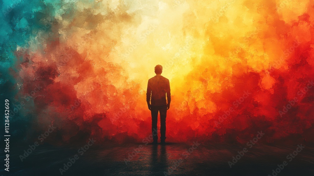 Fototapeta premium facing my faith silhouette of a man standing on a watercolor background