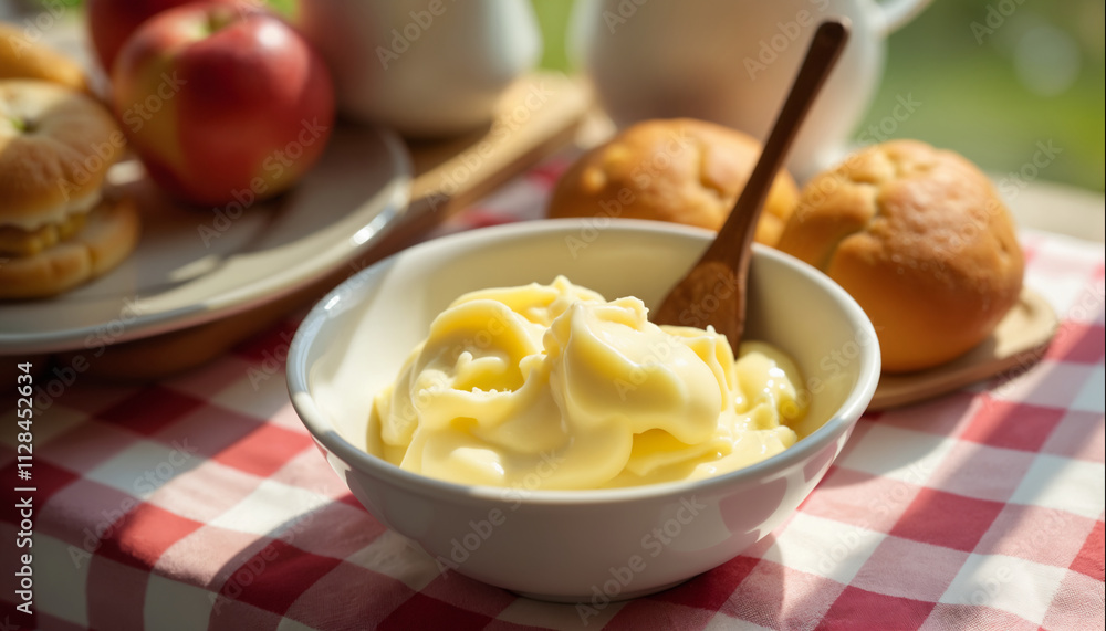wallpapers A bowl of creamy butter with a wooden spoon, accompanied by breads and apples on a checkered tablecloth. AI generated. wallpapers A bowl of creamy butter with a wooden spoon, accompanied by breads and apples on a checkered tablecloth. AI generated.