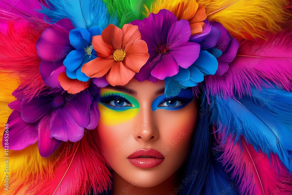 Woman with a colorful flower headdress and makeup. The image is colorful and vibrant, with a sense of fun and celebration Woman with a colorful flower headdress and makeup. The image is colorful and vibrant, with a sense of fun and celebration