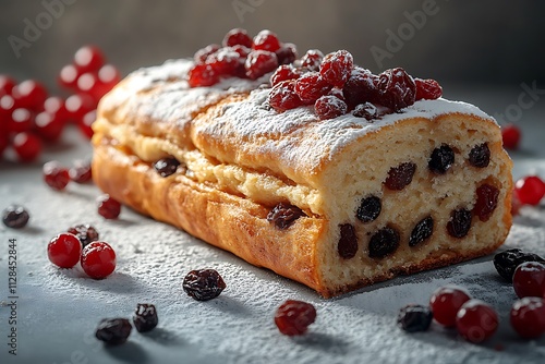 Freshly baked cranberry raisin loaf with powdered sugar