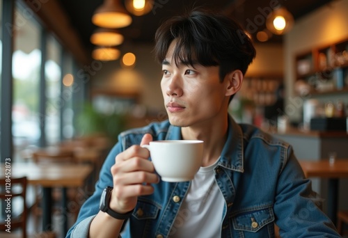 A young man in a denim jacket sips coffee while gazing thoughtfully out of a cafe window.