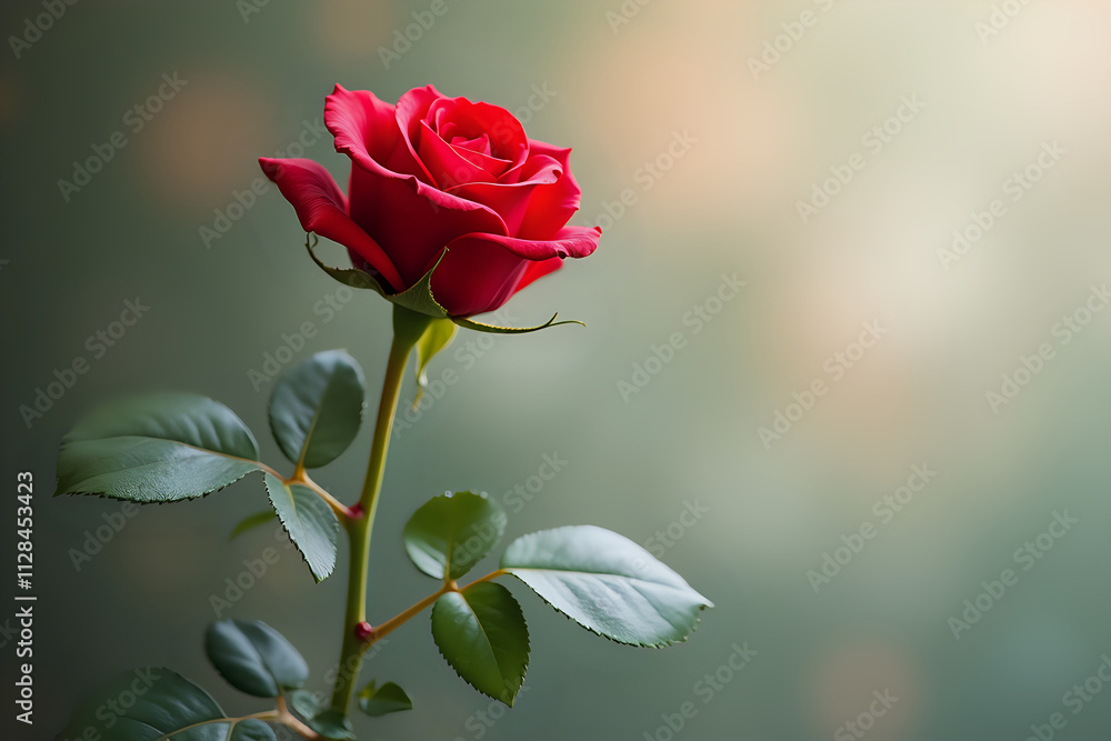 Fototapeta premium Elegant Single Red Rose in Full Bloom with Soft Focus Background