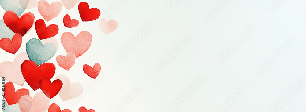 Watercolor hearts in various shades of red and pink cascading on white background, romantic and minimalist illustration Watercolor hearts in various shades of red and pink cascading on white background, romantic and minimalist illustration