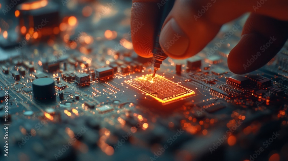 Hand Installing Microchip On Circuit Board Hand Installing Microchip On Circuit Board