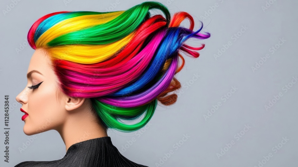 Woman with rainbow colored hair is the main focus of the image. The hair is styled in a way that it is flowing and is very colorful. The woman is wearing a black shirt and red lipstick Woman with rainbow colored hair is the main focus of the image. The hair is styled in a way that it is flowing and is very colorful. The woman is wearing a black shirt and red lipstick