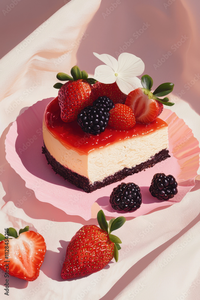 Delicious Berry Cheesecake Slice with Strawberries and Blackberries on a Pink Plate for Your Next Sweet Craving Delicious Berry Cheesecake Slice with Strawberries and Blackberries on a Pink Plate for Your Next Sweet Craving