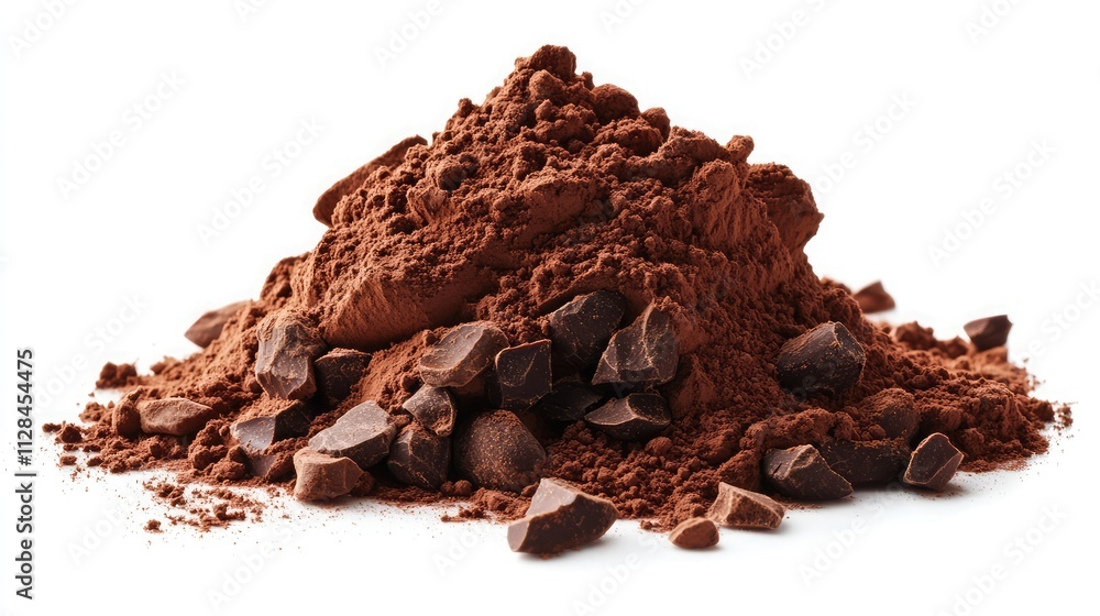 Cocoa powder and cocoa nibs scattered on a white floor. Cocoa powder and cocoa nibs scattered on a white floor.