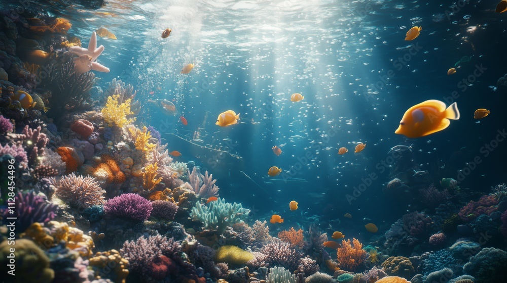 Fototapeta premium A vibrant coral reef teems with colorful fish, turtles, and a mysterious shipwreck in clear waters.