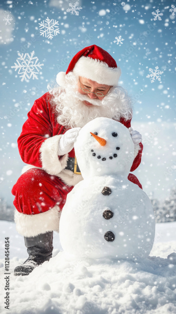 Santa claus making a snowman during a snowfall Santa claus making a snowman during a snowfall