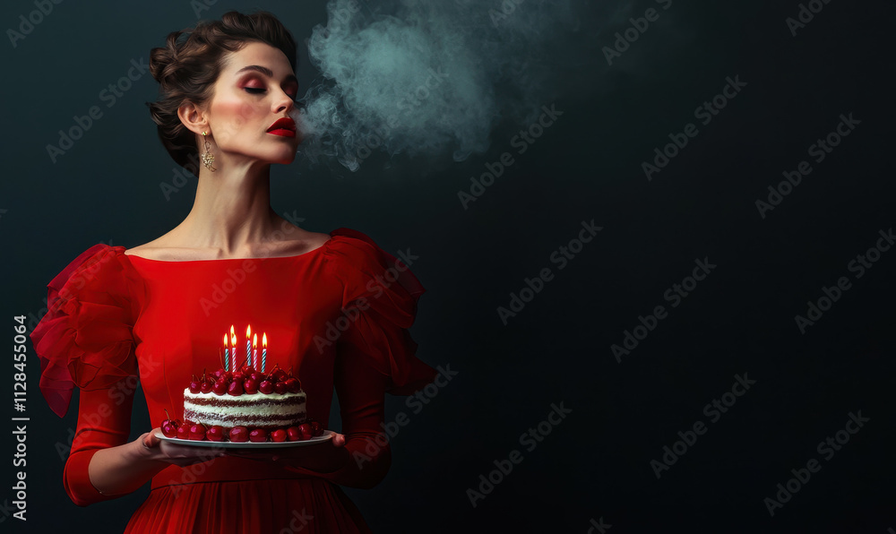 Mysterious Woman in Red with Smoke and Cake: A Glamorous Celebration of Style and Elegance Mysterious Woman in Red with Smoke and Cake: A Glamorous Celebration of Style and Elegance
