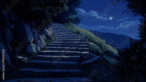 Mountain brick stairs. Illustrations that look like a scene from an anime or game background. Blue sky, sun, clouds, sunset, night, fog, snow, rain, autumn, etc. photo