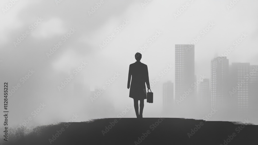 A silhouette of a businessman walking towards a foggy cityscape, symbolizing ambition and journey. A silhouette of a businessman walking towards a foggy cityscape, symbolizing ambition and journey.