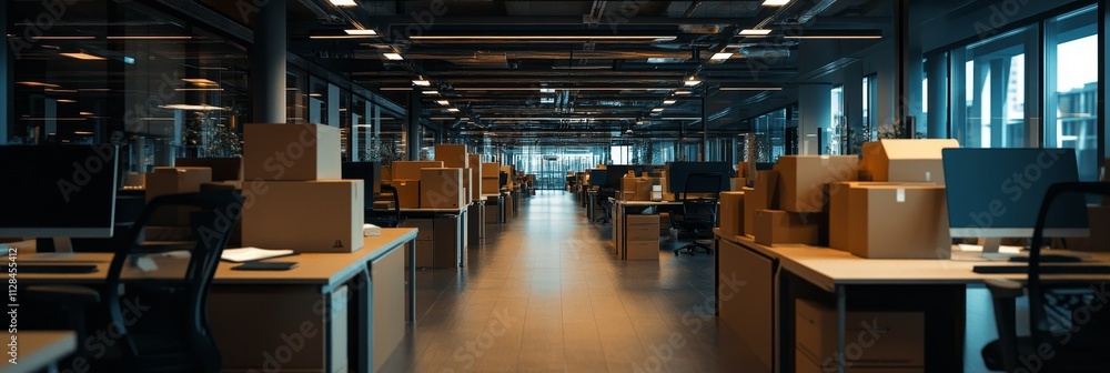 Empty Office With Packed Cardboard Boxes Business Relocation, Downsizing, Moving Company Concept Empty Office With Packed Cardboard Boxes Business Relocation, Downsizing, Moving Company Concept