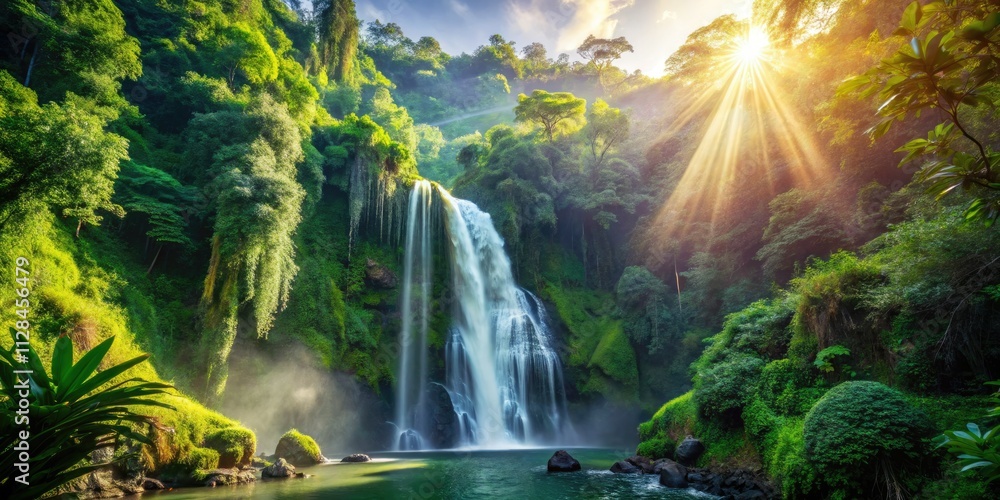 Lush tropical waterfall cascades down mountains, framed by vibrant green forest; breathtaking nature. Lush tropical waterfall cascades down mountains, framed by vibrant green forest; breathtaking nature.