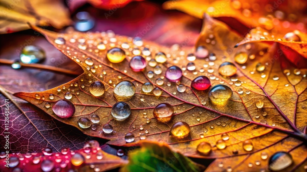 Macro photography captures autumn's vibrant leaves, adorned with glistening dew drops. Macro photography captures autumn's vibrant leaves, adorned with glistening dew drops.