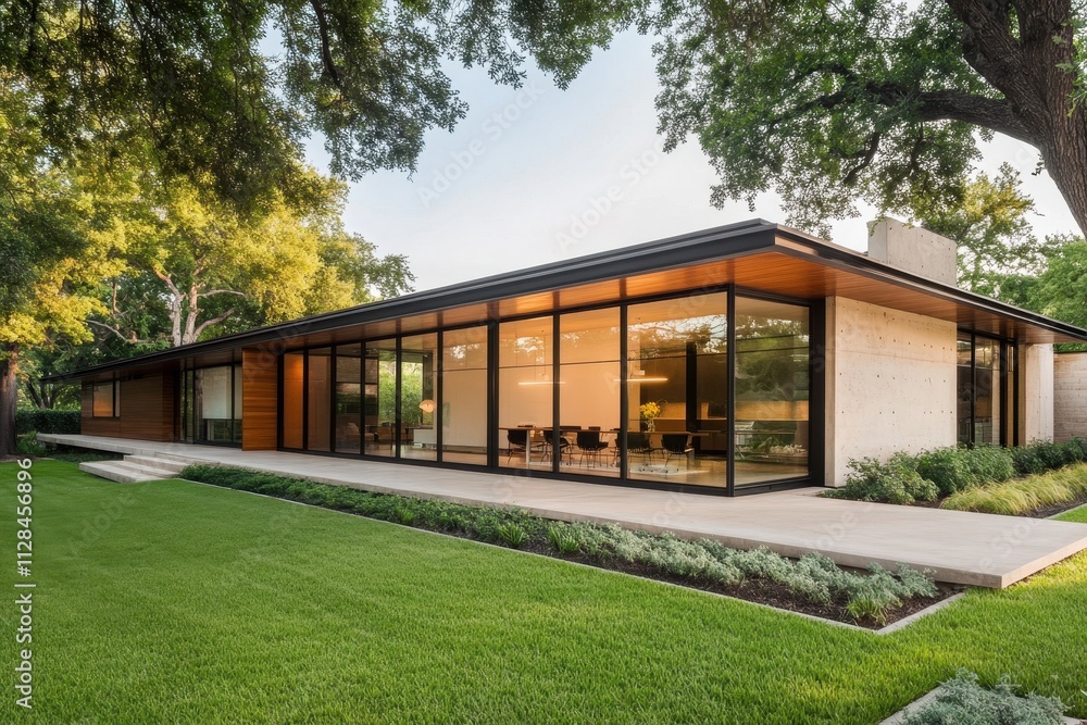 Modern single-story house with large glass windows and landscaped surroundings. Modern single-story house with large glass windows and landscaped surroundings.