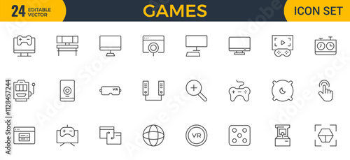 Games outline icon set. Gaming icon elements containing points and life bars, console, player, chess, multiplayer, casino and mobile game icons.video games, gaming, technology, gadget, esport.