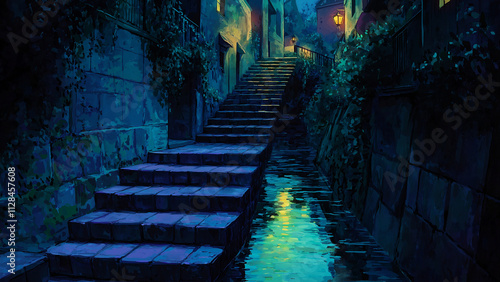 Brick stairs along the river. Illustrations that look like a scene from an anime or game background. Blue sky, sun, clouds, sunset, night, fog, snow, rain, autumn, etc. photo