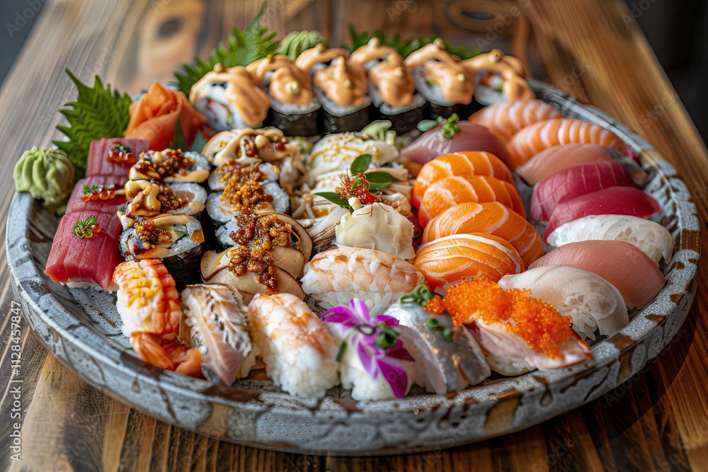 A fresh sushi platter with various pieces including nigiri, sashimi, and rolls A fresh sushi platter with various pieces including nigiri, sashimi, and rolls
