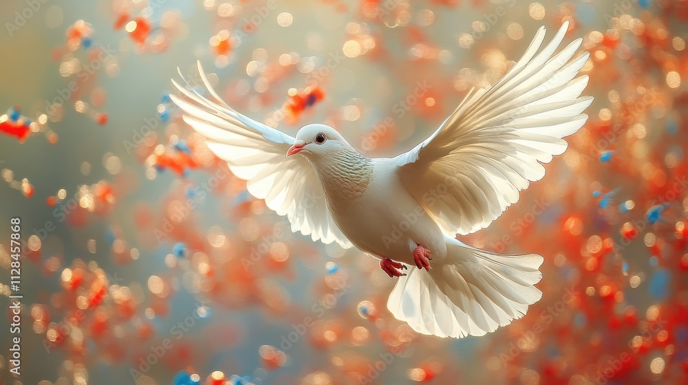 flying white dove with red and blue paint splashes in the sky flying white dove with red and blue paint splashes in the sky
