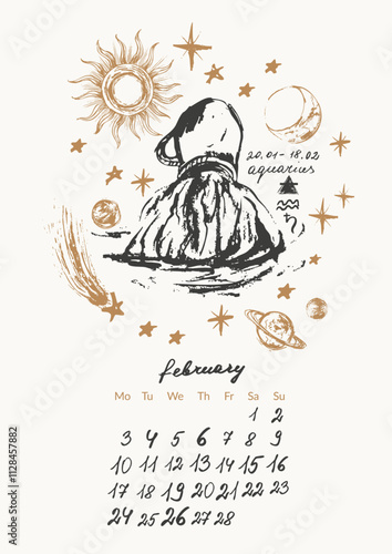 February month calendar with hand drawn aquarius zodiac signs illustration, planets, sun, moon, stars.