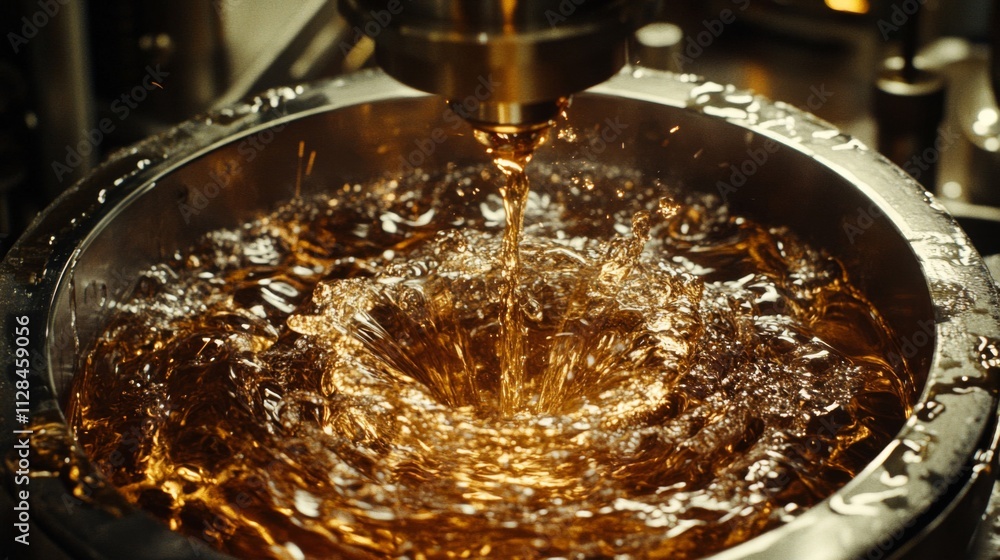 Golden Liquid Pouring Into Metal Bowl Creates Waves Golden Liquid Pouring Into Metal Bowl Creates Waves