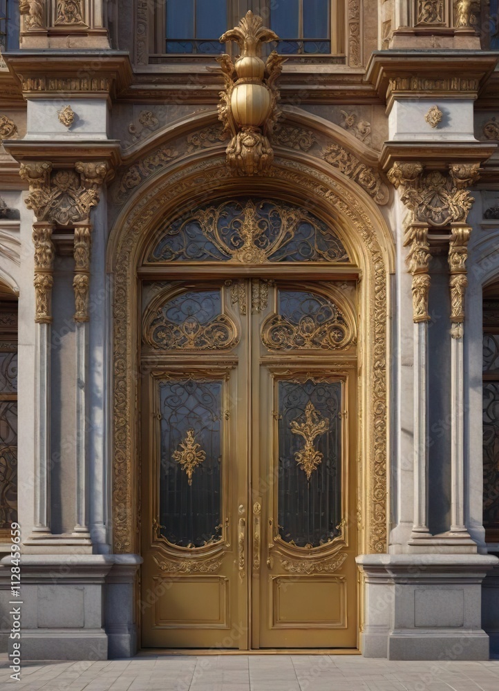 Ornate doors and windows with gilded details on the palace facade, doors, historic Ornate doors and windows with gilded details on the palace facade, doors, historic