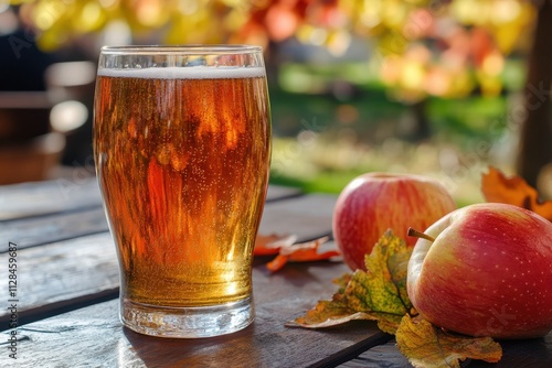 A pint of sparkling apple cider sits on a wooden table, surrounded by autumn leaves and apples. Perfect for fall themes, cider promotions, or harvest festivals. photo