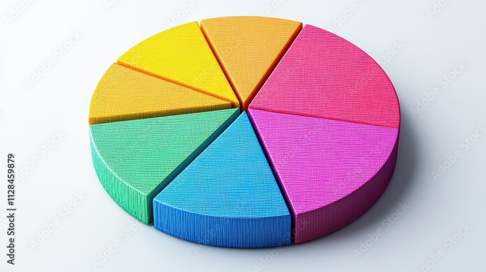 Obraz premium Colorful pie chart divided into six segments, showcasing vibrant hues and textured surfaces, representing data visualization or artistic design.