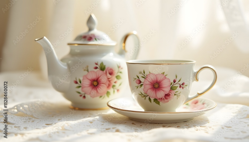 Fototapeta premium Vintage teapot and teacup with pink flowers on lace tablecloth