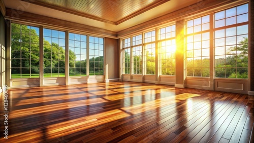 Serene Empty Interior Space with Large Window, Warm Sunlight, and Elegant Wooden Flooring for Minimalist Design Inspiration