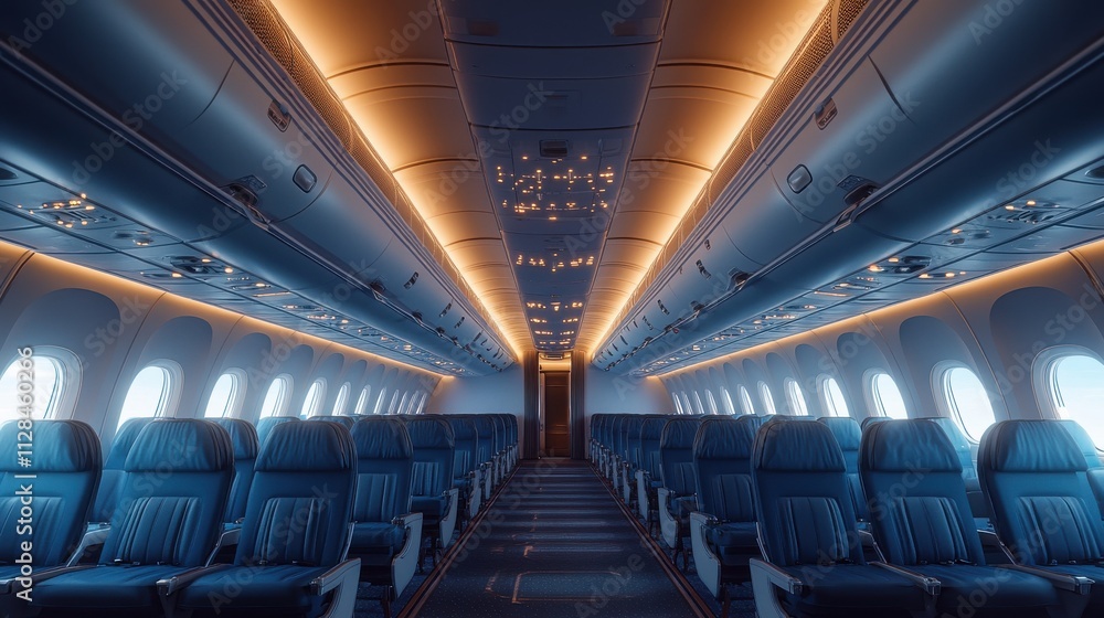 front view of the bright interior of an airplane with blue seats image with tones renderin front view of the bright interior of an airplane with blue seats image with tones renderin