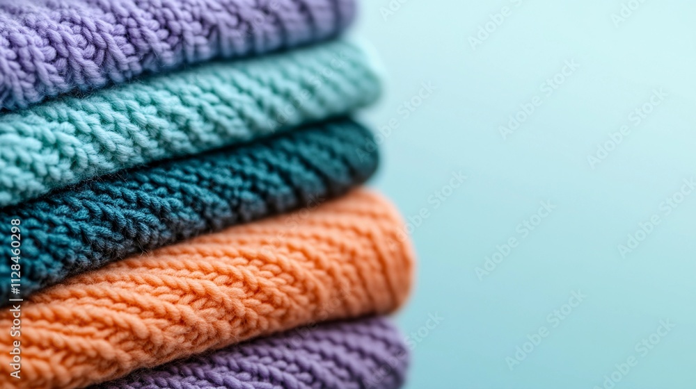 A group of raw knitted fabrics carefully stacked, emphasizing their natural fibers, soft textures, and suitability for handmade textile projects. A group of raw knitted fabrics carefully stacked, emphasizing their natural fibers, soft textures, and suitability for handmade textile projects.