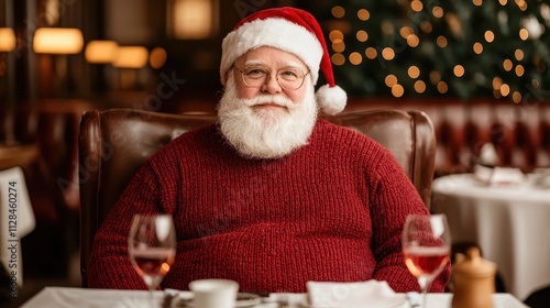 A jolly Santa Claus in a cozy restaurant setting, wearing a red sweater and Santa hat, surrounded by festive decorations and holiday cheer.