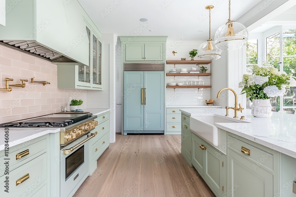 Fototapeta premium Eclectic kitchen with pastel green cabinets and pink backsplash
