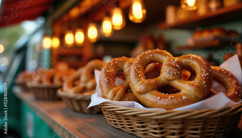 wallpapers A warm display of freshly baked soft pretzels in a food truck setting. The rustic ambiance enhances the appeal of these tasty treats. AI generated