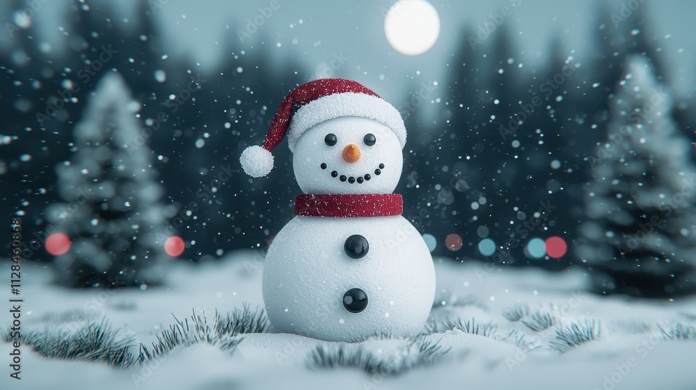 A cheerful snowman wearing a red hat stands in a snowy landscape, surrounded by trees, with softly falling snowflakes and a bright moon in the background. A cheerful snowman wearing a red hat stands in a snowy landscape, surrounded by trees, with softly falling snowflakes and a bright moon in the background.