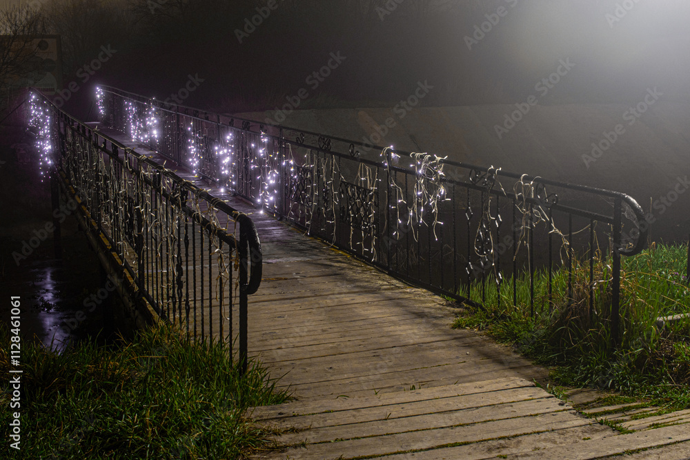 Wooden bridge. Night. Mist Wooden bridge. Night. Mist