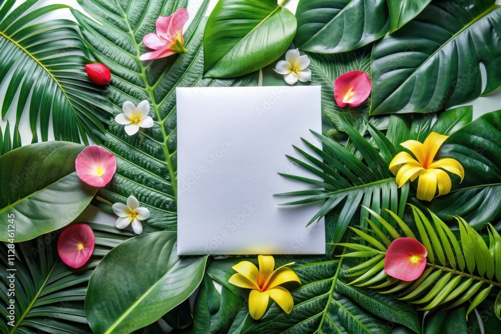 Tropical leaves and flowers border with blank space Tropical leaves and flowers border with blank space