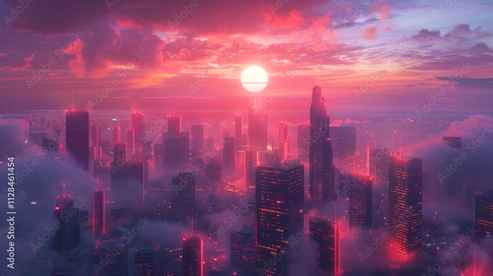 Fototapeta premium Futuristic city skyline at sunset, above clouds, glowing neon lights.